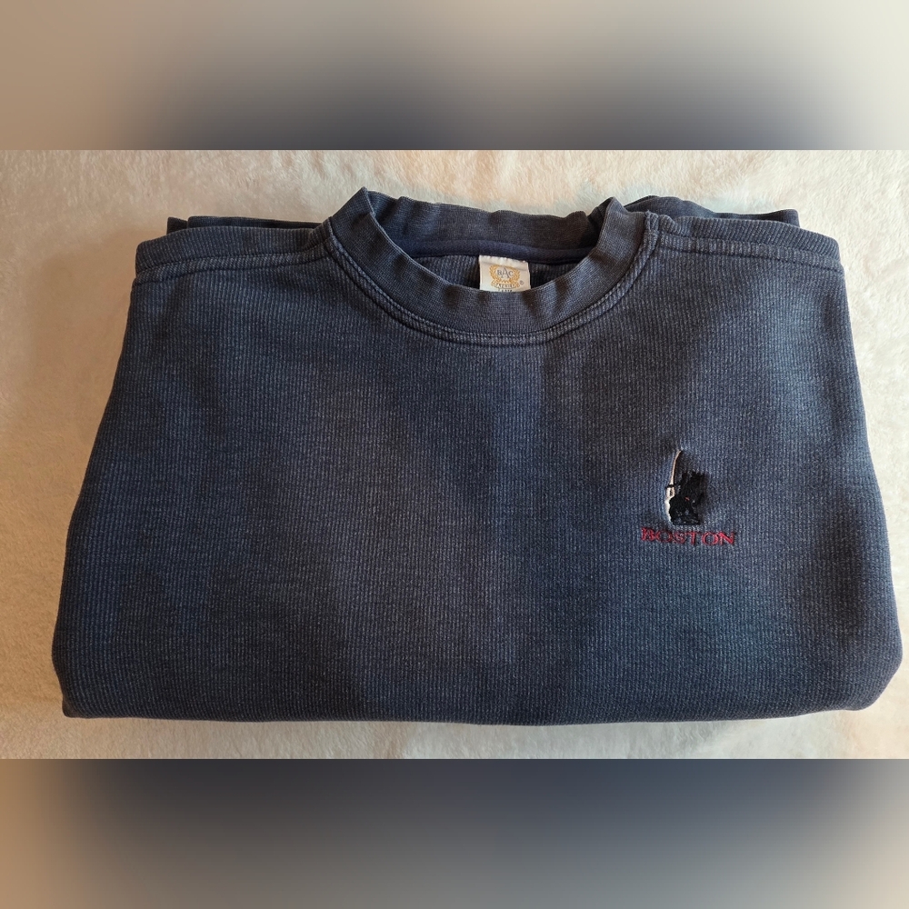 Men's Vintage BAC Collegiate Boston Embroidered Crewneck Sweatshirt, Ribbed Blue